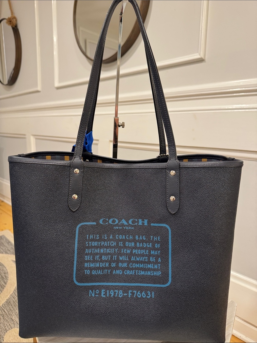 Coach Bag Reversible Plaid Checkered Yellow Blue City Tote with Removable Pouch - Picture 6 of 17